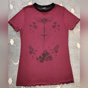 Midnight Hour Hot Topic Moth Dagger Skull Maroon Burgundy Top Shirt Blouse